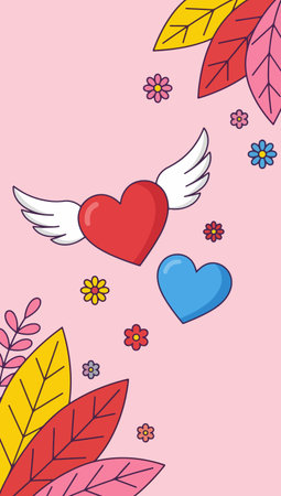 A whimsical cartoon illustration featuring hearts, flowers, and leaves on a pink background, perfect for Valentine's Day or a love-themed design.のイラスト素材