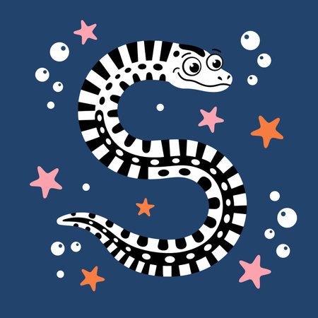 A cartoon eel with black and white stripes swims in a blue sea with stars and bubbles. Cute,...