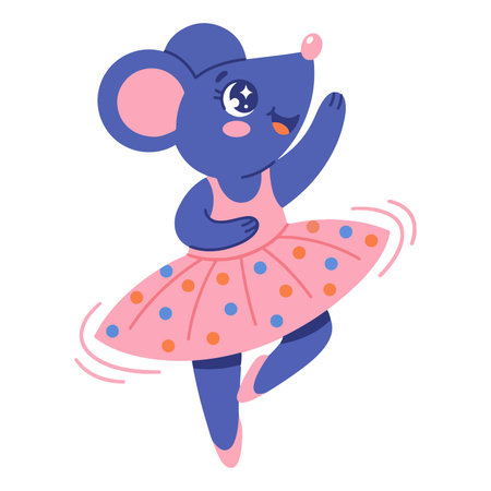 A cute cartoon mouse wearing a pink tutu with polka dots, dancing ballet with a cheerful expression. Vector illustration.のイラスト素材