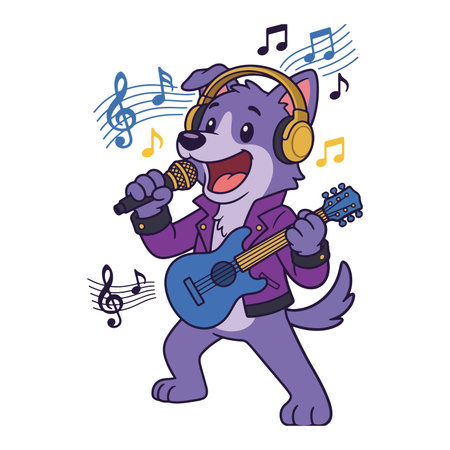 Cartoon dog wearing headphones, singing into a microphone and playing a guitar, surrounded by music notes. Cute and fun illustration.のイラスト素材