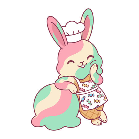 A cute bunny with candy swirl fur, wearing a chef's hat and candy-patterned apron, resting on an ice cream cone. Sweet and whimsical!のイラスト素材