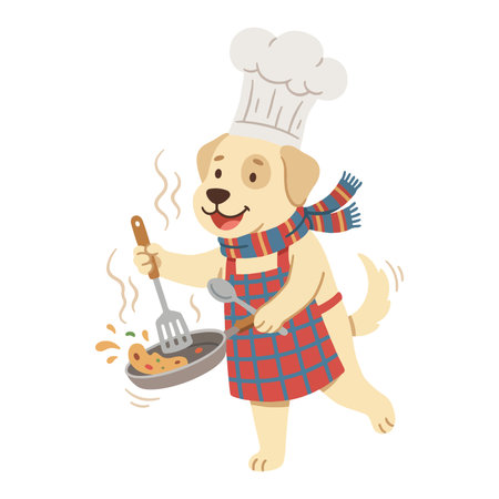 A cartoon dog wearing a chef hat, apron, and scarf is cooking food in a pan with a spatula and spoon. Steam is rising from the pan.のイラスト素材