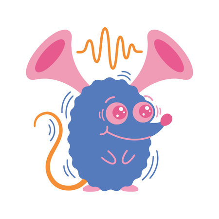 A cartoon mouse with pink megaphone ears, a blue body, and a happy expression, seemingly listening to sound waves.のイラスト素材