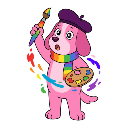 A pink cartoon dog wearing a beret and rainbow scarf holds a paintbrush and palette, surrounded by colorful paint splatters.のイラスト素材