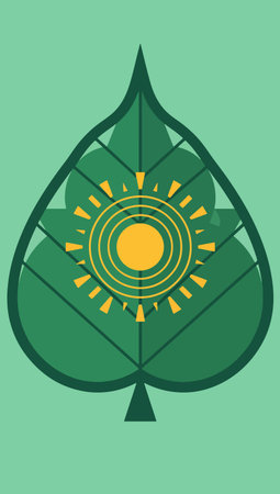 A stylized image of a green leaf with a yellow sun icon inside, set against a light green background. Minimalist design.のイラスト素材