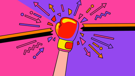 A vibrant, abstract illustration featuring a boxing glove surrounded by geometric shapes and arrows on a colorful background.のイラスト素材