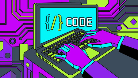 A person coding on a laptop with a vibrant, stylized design featuring bright colors and geometric patterns.のイラスト素材