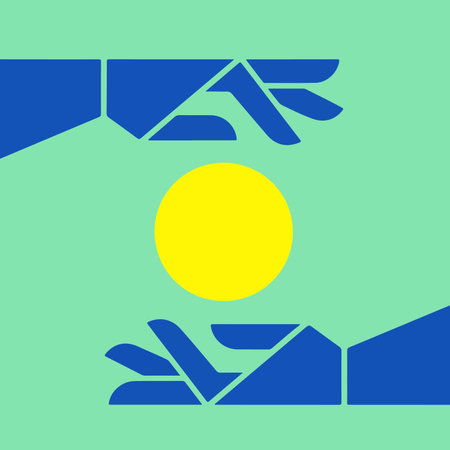 Abstract image of two blue hands holding a yellow circle against a light green background, creating a minimalist and modern design.のイラスト素材