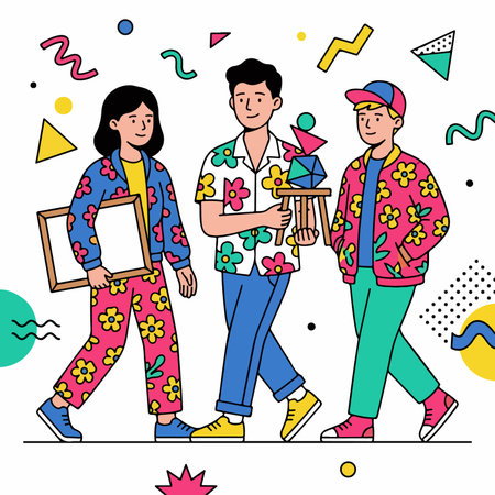 Three people in vibrant retro outfits walk amidst geometric shapes, embodying a fun, artistic vibe....
