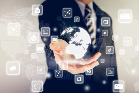 Businessman using global internet connection application technology and digital marketing, financial...