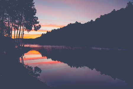 Smoky morning mist over the river,beautiful panoramic view of river among lush trees in the forest.の写真素材