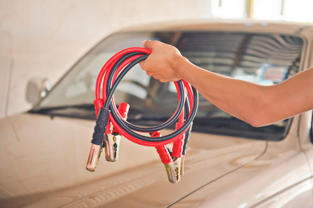 jumper cable for recharge the battery car in engine roomの写真素材