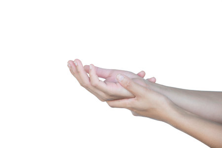 Young woman arm paind on white backgroundの写真素材