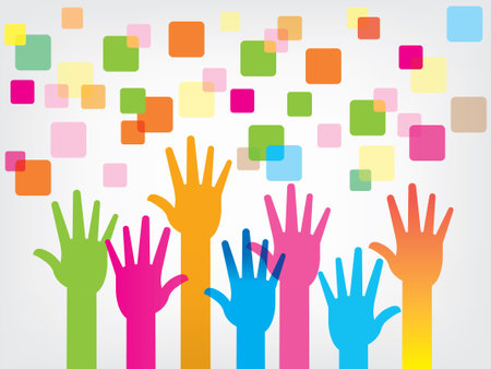 Multicultural and multiethnic people community integration concept with raised human hands.のイラスト素材