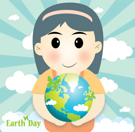Girl cute holding the world ,concept earth day and ecologyのイラスト素材