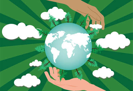 Two hands protecting the green world.のイラスト素材