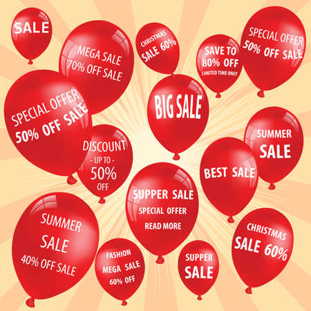 Sale Balloon Concept of Discount. Eight red flying party balloons with text saleのイラスト素材