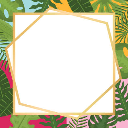 Easter card with square frame and leaves background, colorful modern geometric background. Vector illustration.のイラスト素材