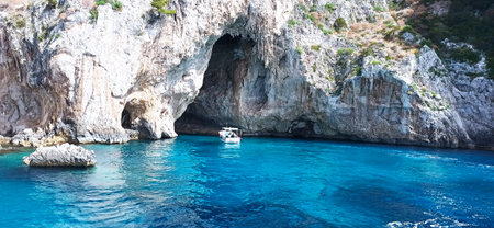 Blue caves on Capri in Italy. Panoramic viewの写真素材