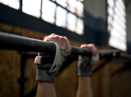 Girl holding on to the bar to do wide pull-ups.の写真素材