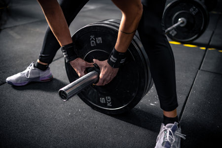 Girl in a gym preparing to lift a barbell by adjusting the lateral clasps.の写真素材