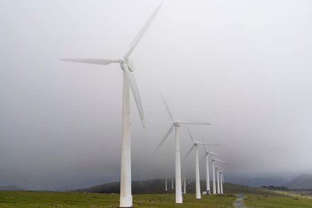 Wind turbines in a green meadow on a foggy day in Galicia, Spain.