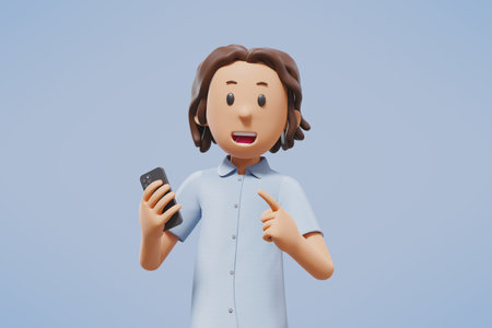3d illustration of a cartoon character with mobile phone in hand.の写真素材