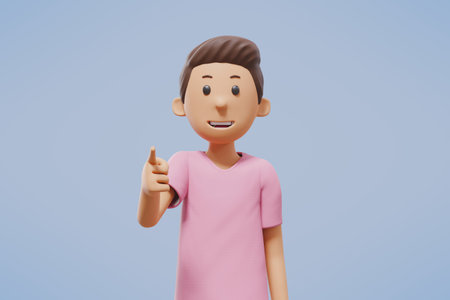 a man in a pink shirt pointing at the cameraの写真素材