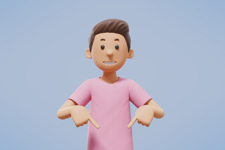 a man pointing something below while smiling at cameraの写真素材