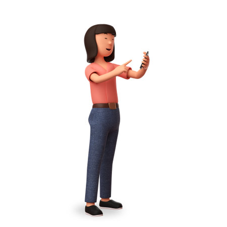 3d illustration woman holding a cellphone while pointing at something on her cellphoneの写真素材