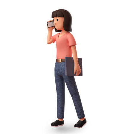 3d illustration woman holding phone with white backgroundの写真素材