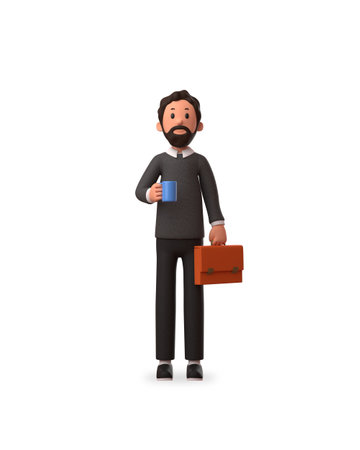 3d character illustration of businessman holding glass coffee and briefcase with white backgroundの写真素材