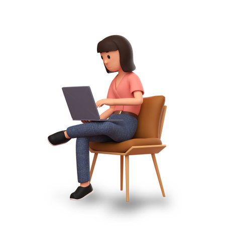 3d illustration sitting in a chair and working on his laptop with white backgroundの写真素材