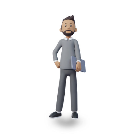 3d character illustration of businessman standing while holding a laptop in his left handの写真素材