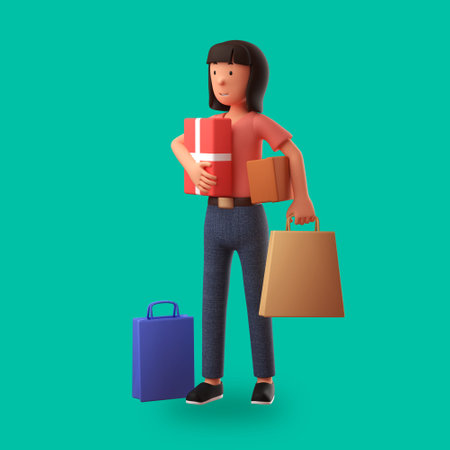 3d cartoon illustration woman carrying shopping bags with a happy expressionの写真素材