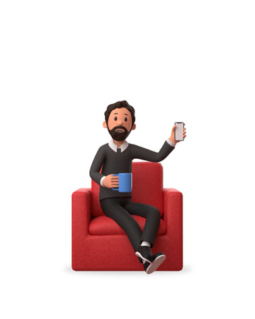 3d character illustration of businessman holding a glass and cellphone while sitting on a red sofaの写真素材