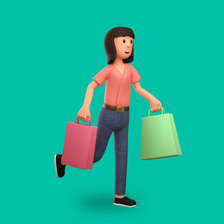 3d cartoon illustration woman carrying shopping bags with a happy expressionの写真素材