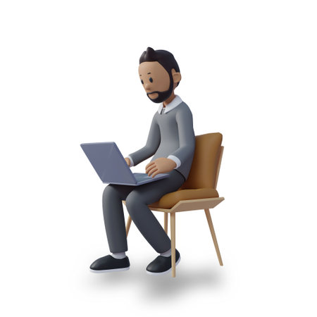 3d character illustration of businessman sitting in a chair and working on his laptop with white backgroundの写真素材
