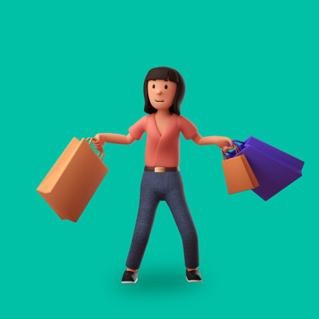 3d cartoon illustration woman carrying shopping bags with a happy expressionの写真素材