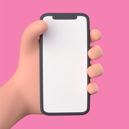 3D Cartoon hand holding smartphone isolated on pink backgroundの写真素材