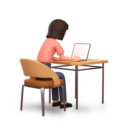 3d illustration woman sitting in a chair and working on his laptop with white backgroundの写真素材