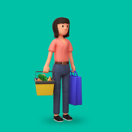 3d cartoon illustration woman carrying shopping bags with a happy expressionの写真素材