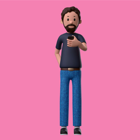 3d character illustration of a man holding phone with pink backgroundの写真素材