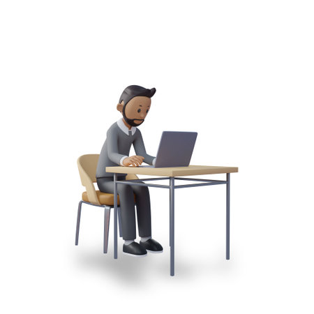 3d character illustration of businessman sitting and working on something on his laptopの写真素材
