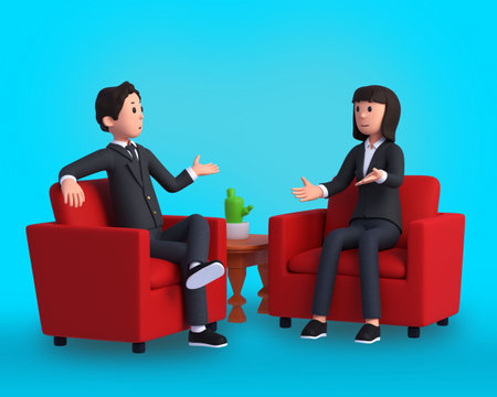 3d character illustration a man and a woman are talking on a red sofaの写真素材
