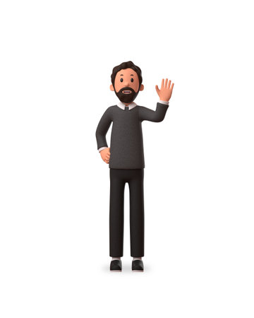 3d character illustration of businessman raised his right hand with white backgroundの写真素材