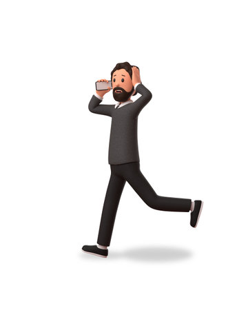 3d character illustration of businessman running in panic while callingの写真素材