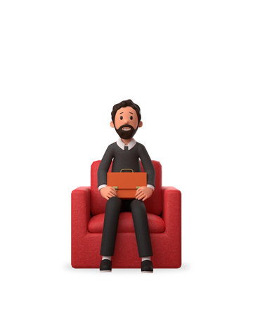 3d character illustration of businessman holding briefcase while sitting on the red sofaの写真素材