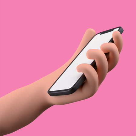 3D Cartoon hand holding smartphone isolated on pink backgroundの写真素材