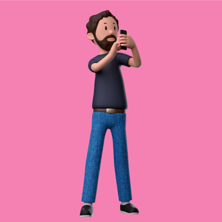 3d character illustration of a man holding phone and pointing with pink backgroundの写真素材